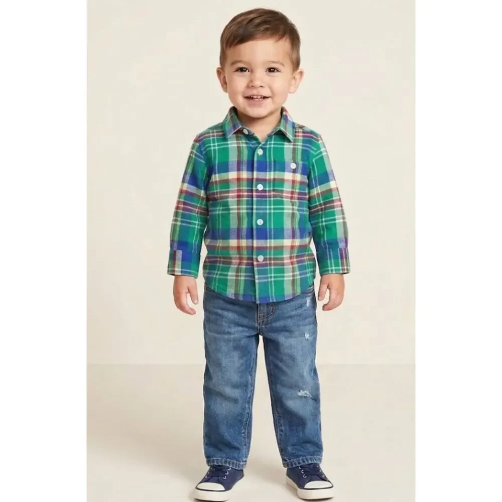 Old Navy Cozy Long-Sleeve Plaid Pocket Shirt Baby Toddler Boys Size 18-24 Months